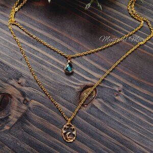 18K Gold Plated Layered Necklace Celestial Crescent Moon Light Blue Crystal Tear